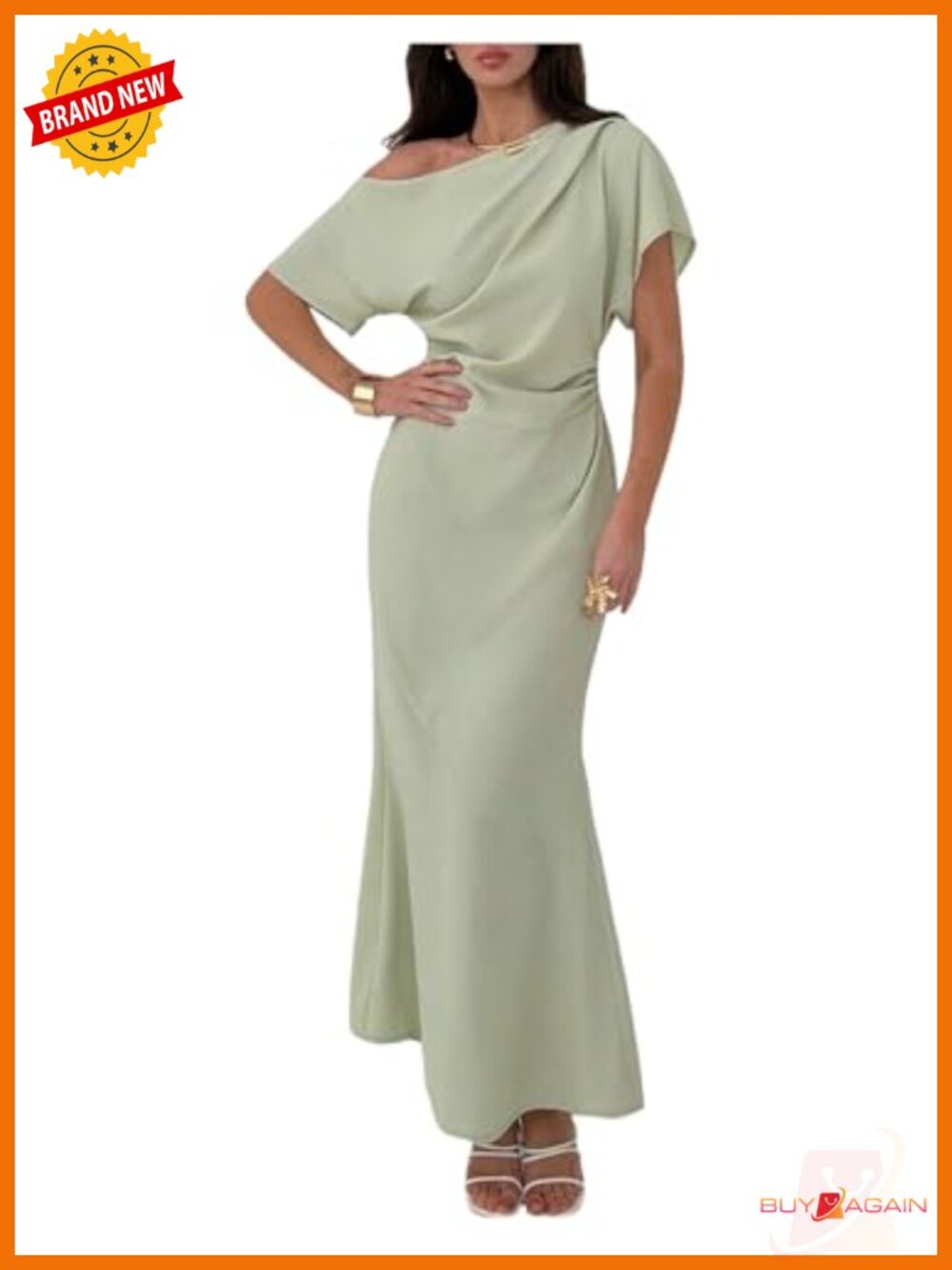 Off Shoulder Ruched Fishtail Maxi Dress Asymmetric Neck Draped Sleeve